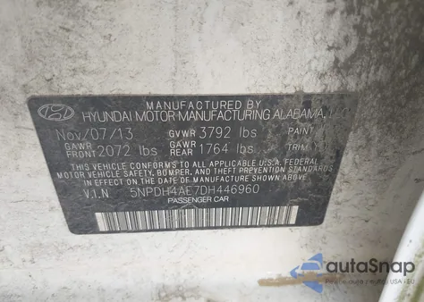 2013 Hyundai Elantra Limited z USA, uszkodzony, nr VIN 5NPDH4AE7DH446960